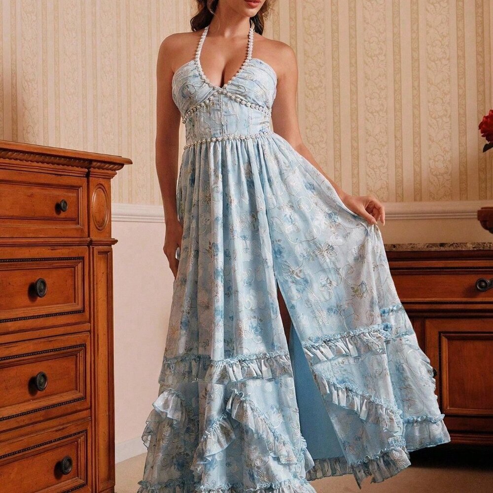 Elegant Blue Women's Floral Embroidered Maxi Dress